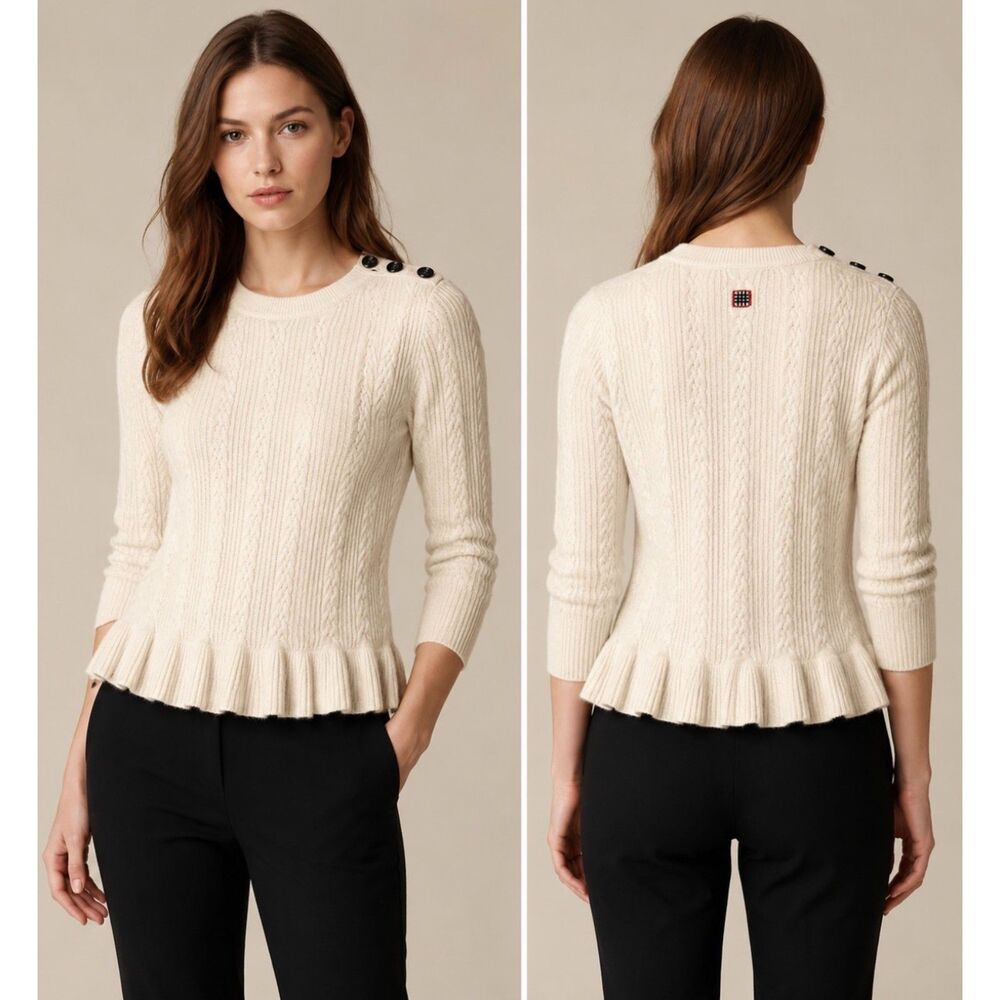 Burberry London 100% Cashmere Cable Knit Peplum Sweater Ivory Size M - Picture 1 of 11